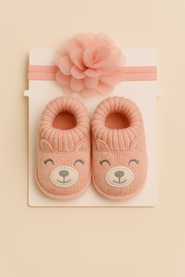 Ultra-Soft Pink Bear Booties & Head Band Set